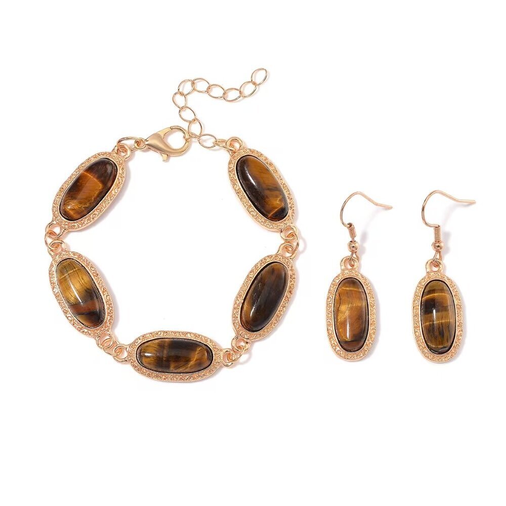 Women's Tigers Eye Bracelet and Earrings Jewelry Set in Rosetone
